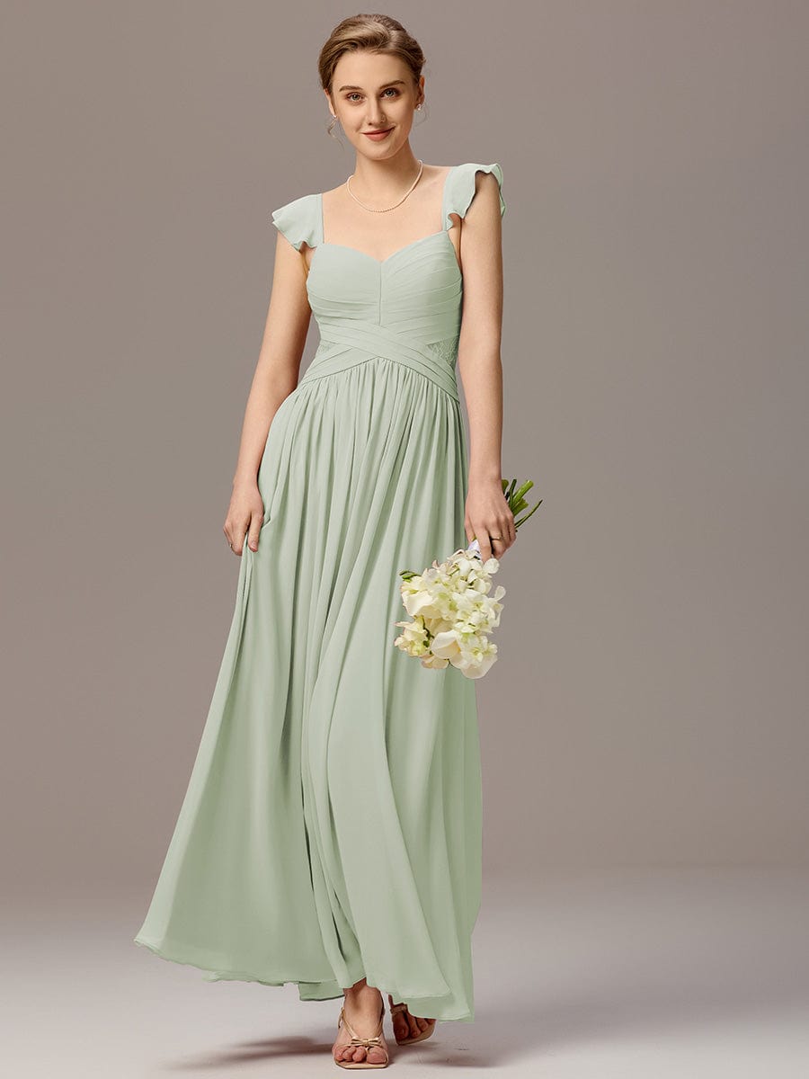 ELARA|Back-Tie Pleated Ruffles Sleeves Maxi Bridesmaid Dress