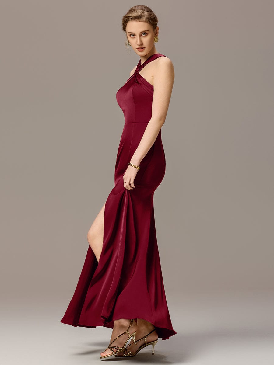 SELENE|Satin Cross Halter Sleeveless Maxi Bridesmaid Dress
