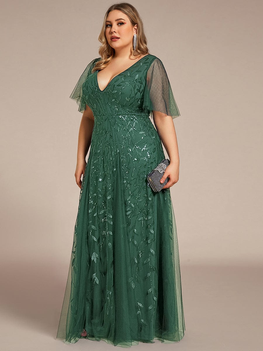 ASTRAL|Ruffle Sleeves Leaf Sequin Maxi Bridesmaid Dress