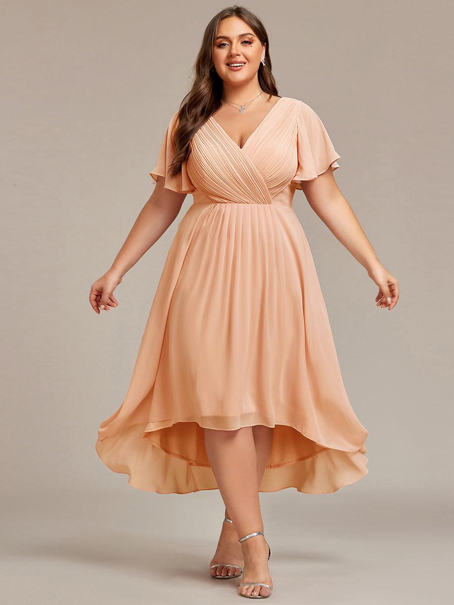 FAYE|Pleated Asymmetrical Hem Ruffles Sleeve Chiffon Bridesmaid Dress