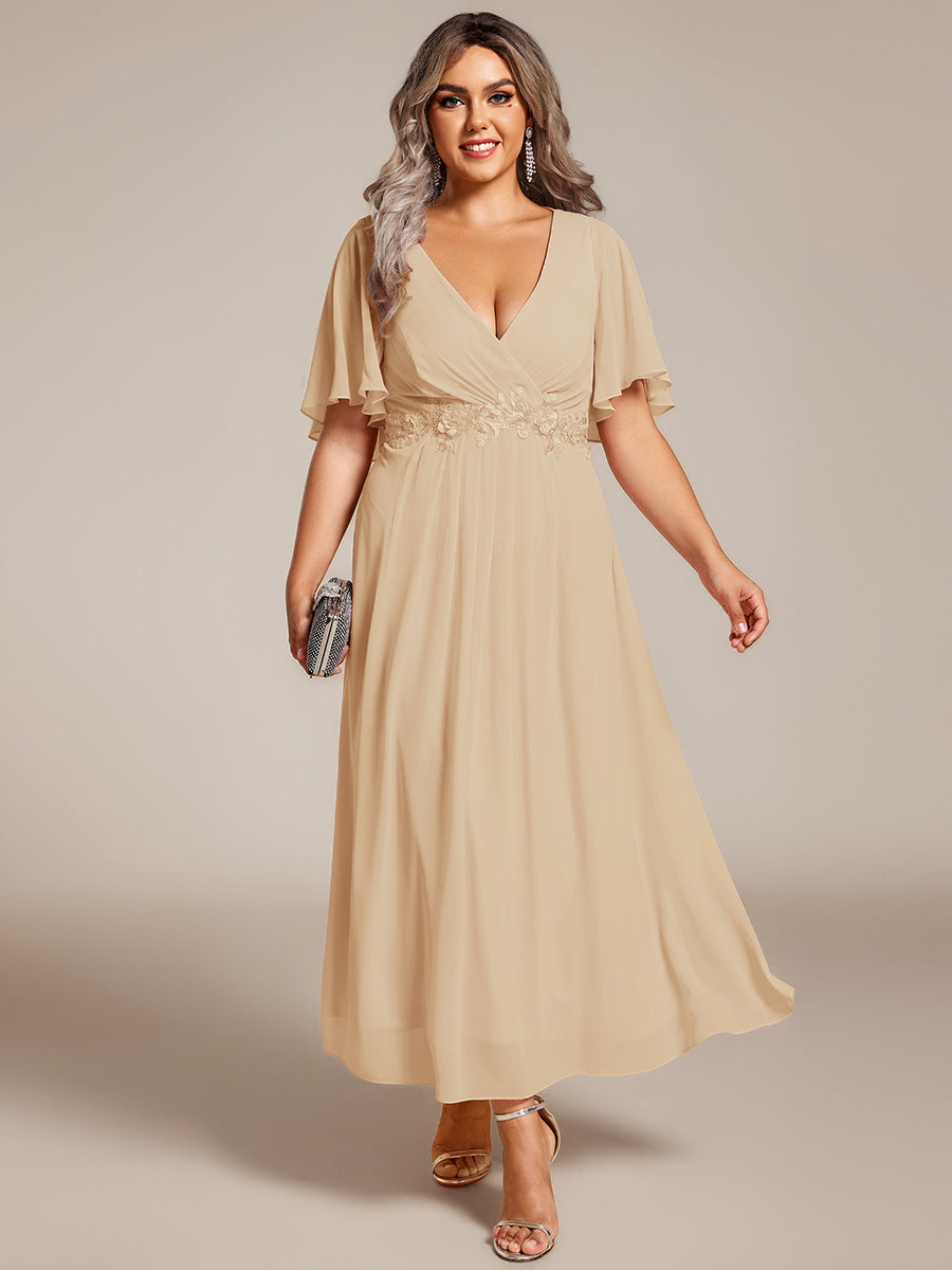 DAHLIA|Floral Applique Short Sleeve V-Neck Chiffon Bridesmaid Dress