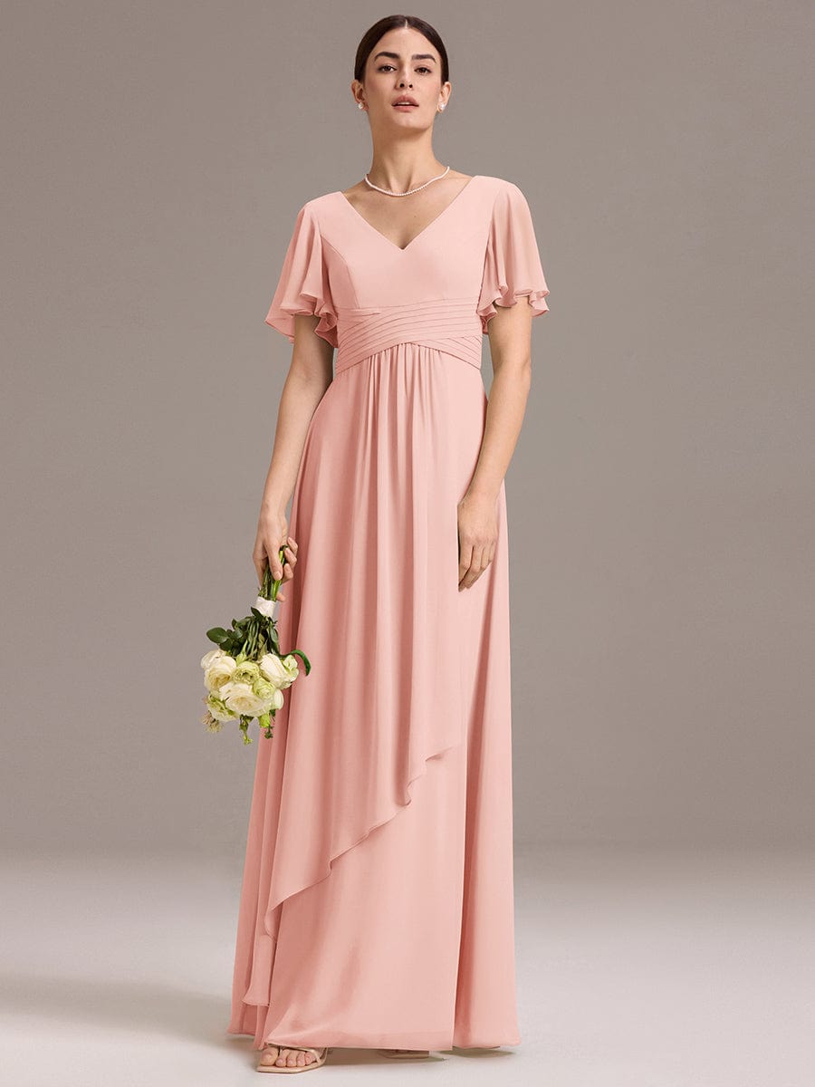 DAMIA|Chiffon Double V-Neck A-Line Ruffled Sleeves Bridesmaid Dress with Asymmetrical Hem