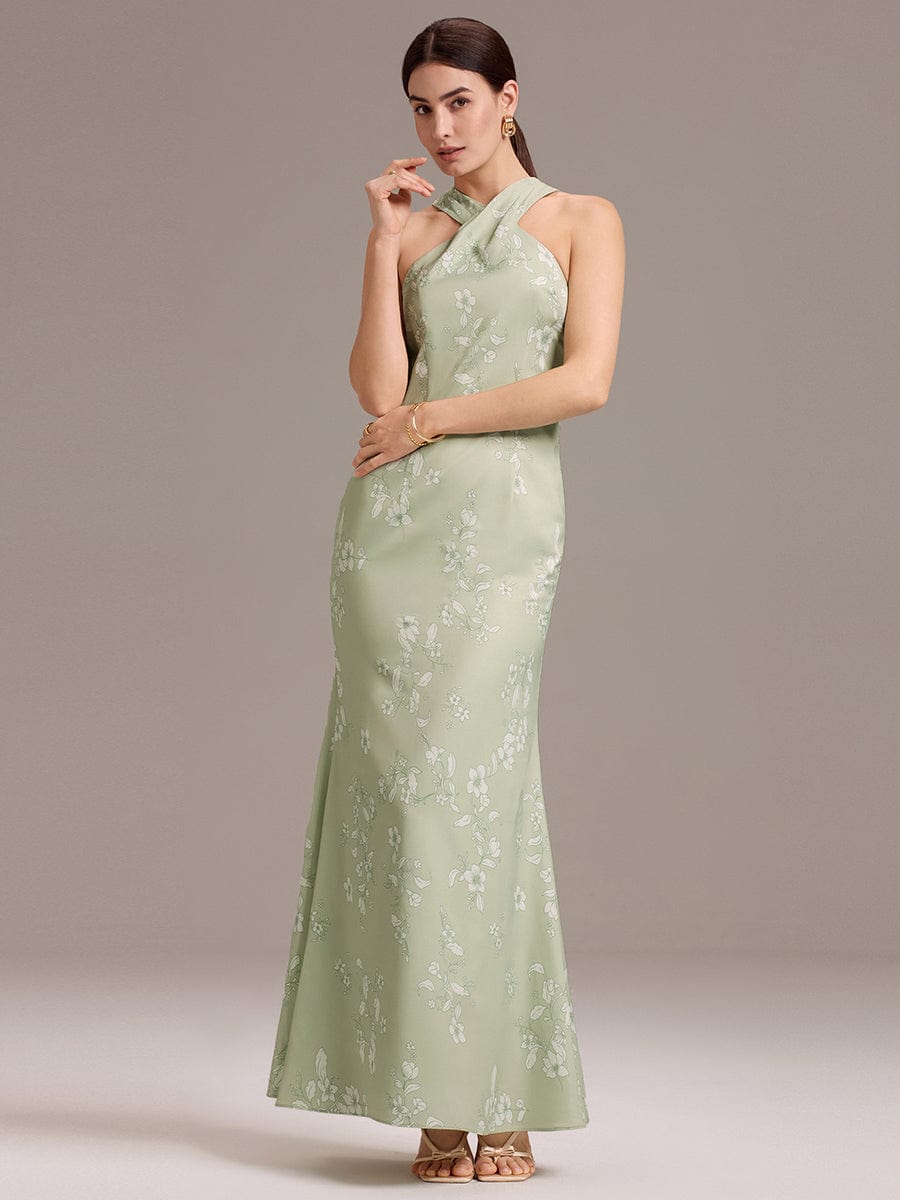 AZALEIA|Elegant Cross Halter Neck Floral Satin Bridesmaid Dress with Bow Back