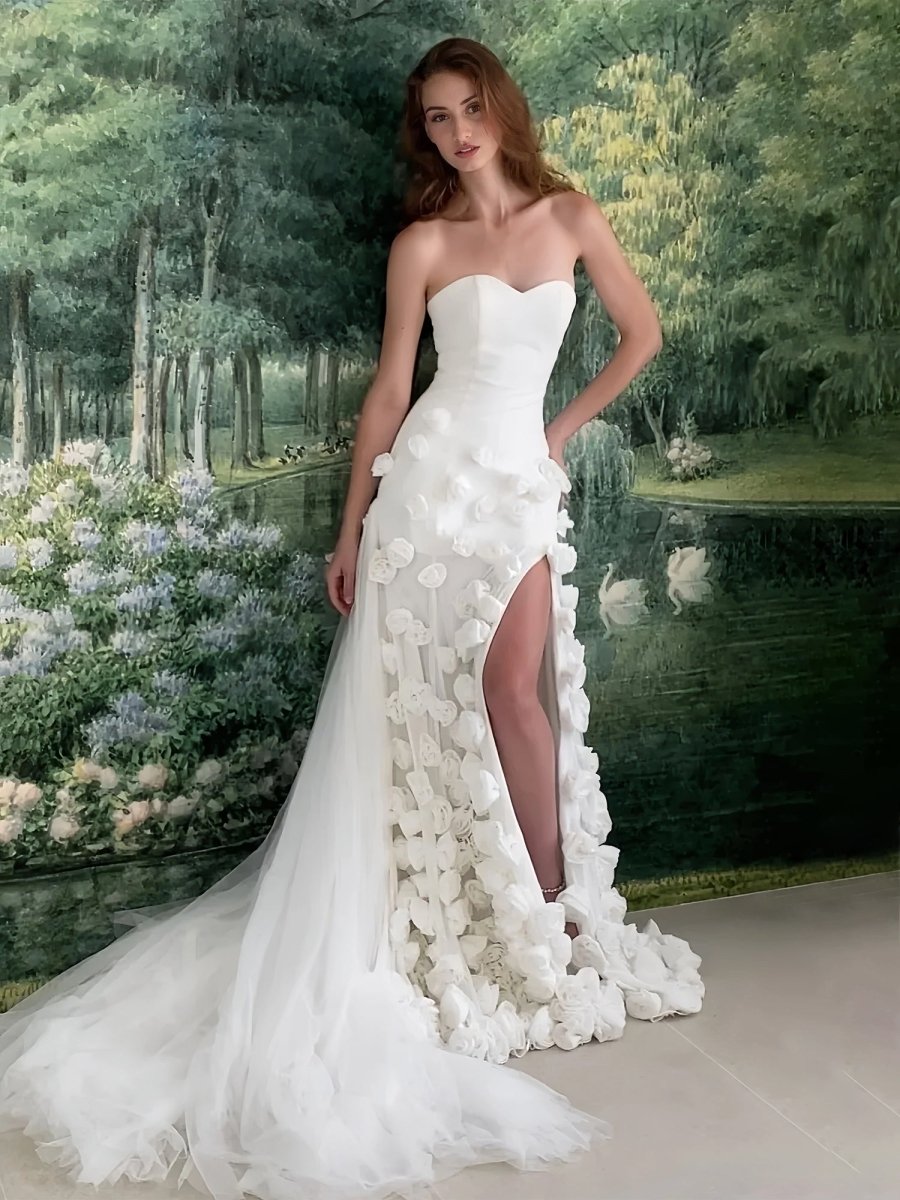 A line Sexy Sweetheart Sleeveless Pink Slit Flowers Prom Dress