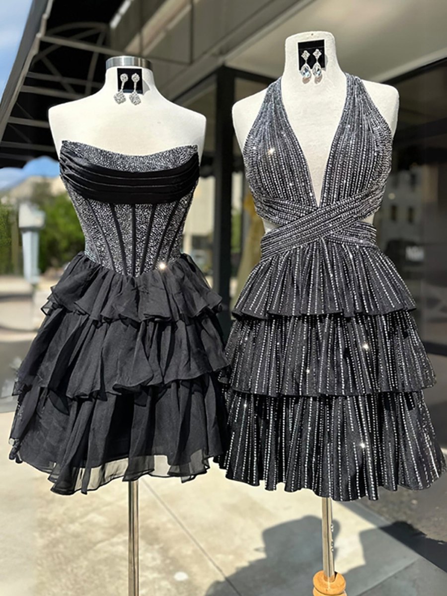 Amica | Black - Strapless A Line Chiffon Beaded Mini Party Dresses With Ruffles