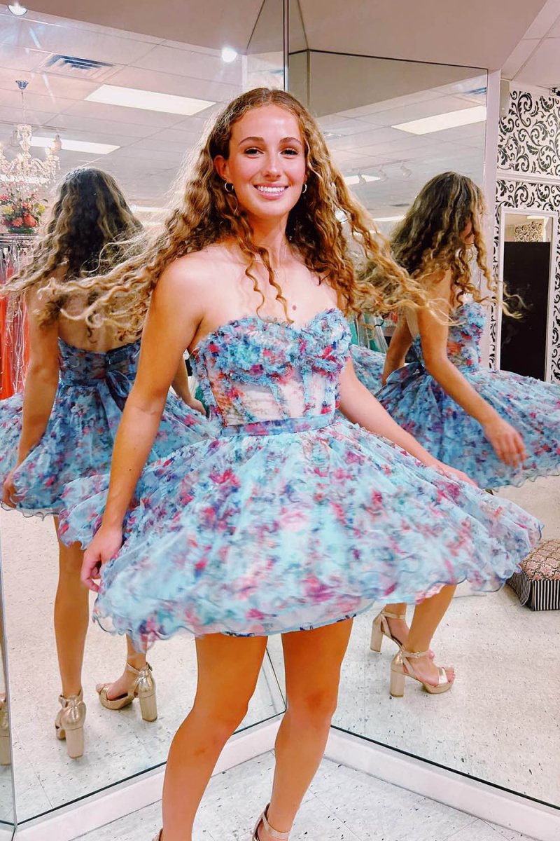 Kayla | A Line Strapless Floral Homecoming Dress