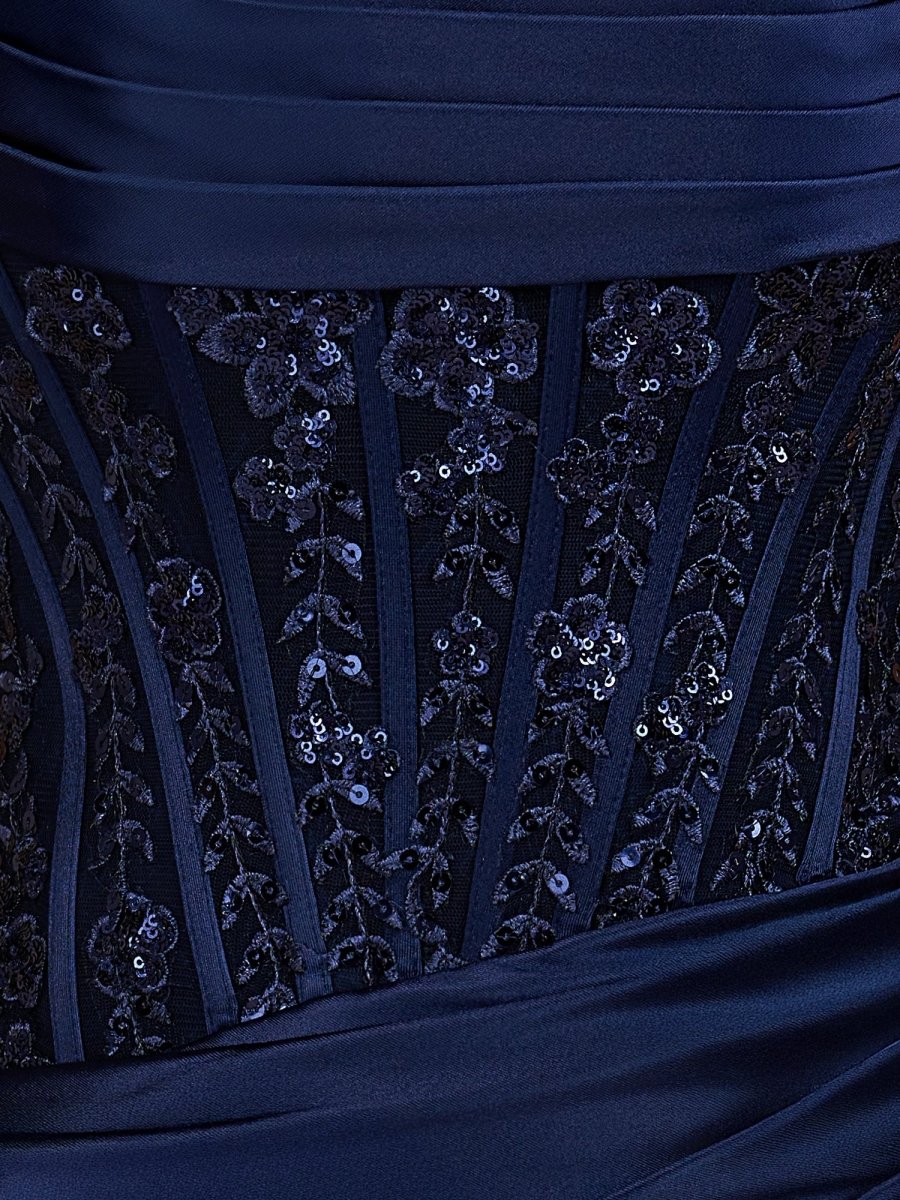 Delmira | Navy Blue - Strapless Bodycon Satin Pleated Short Homecoming & Cocktail Dresses With Beading