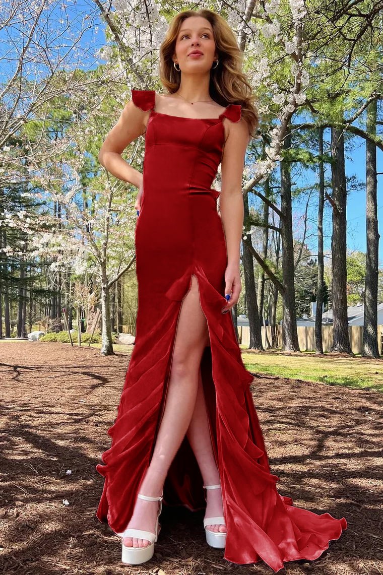 Ailani | Emerald Green Square Neck Ruffle Slit Prom Dress