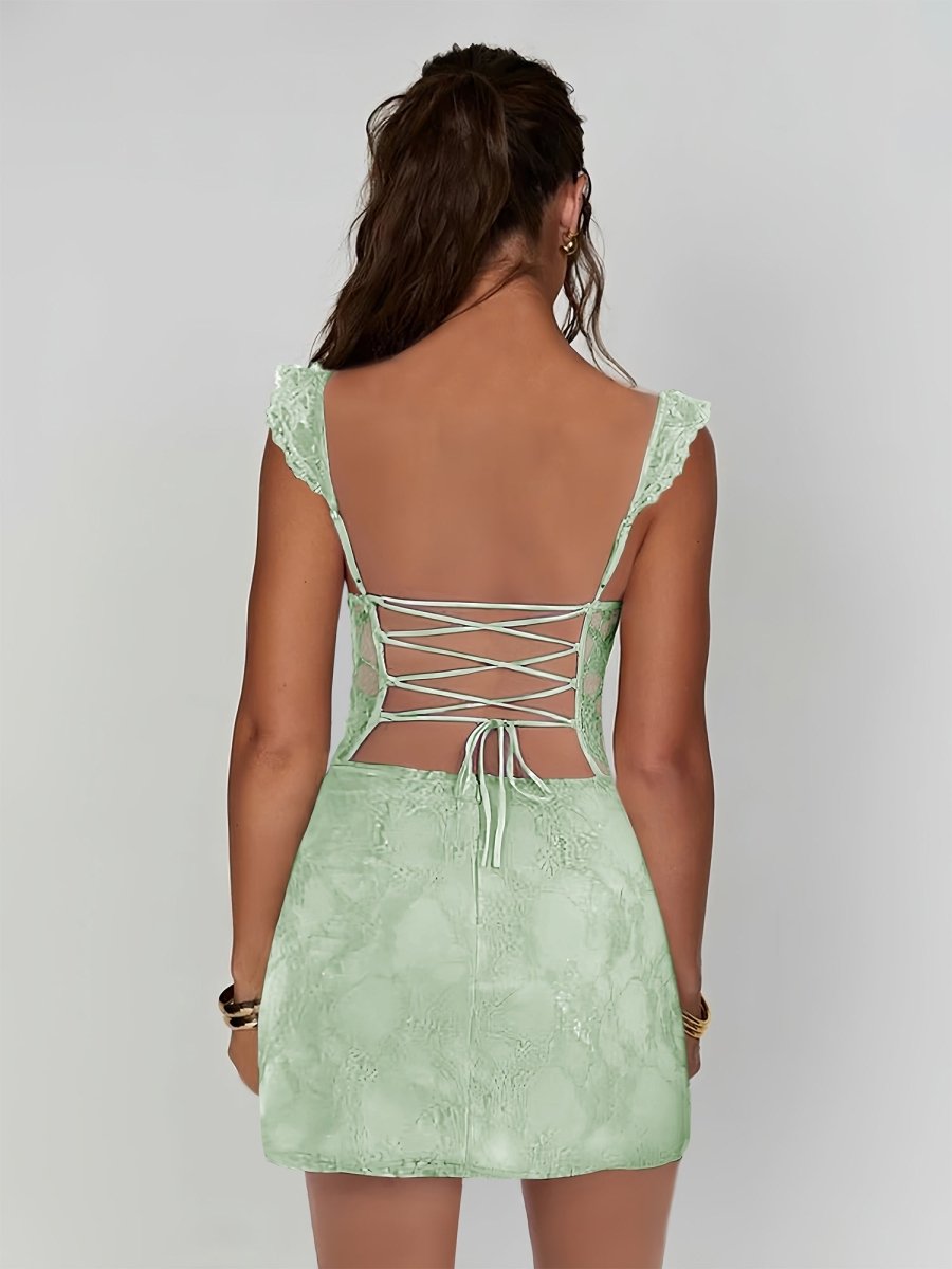 Gema | Sage - Spaghetti Straps Sheath Lace Short Homecoming & Cocktail Dress With Slit