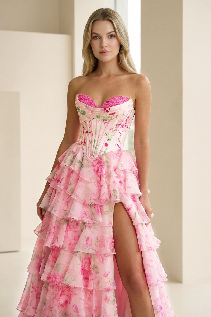 Haruko | A Line Floral Blush Tiered Chiffon Long Corset Prom Dress with Slit