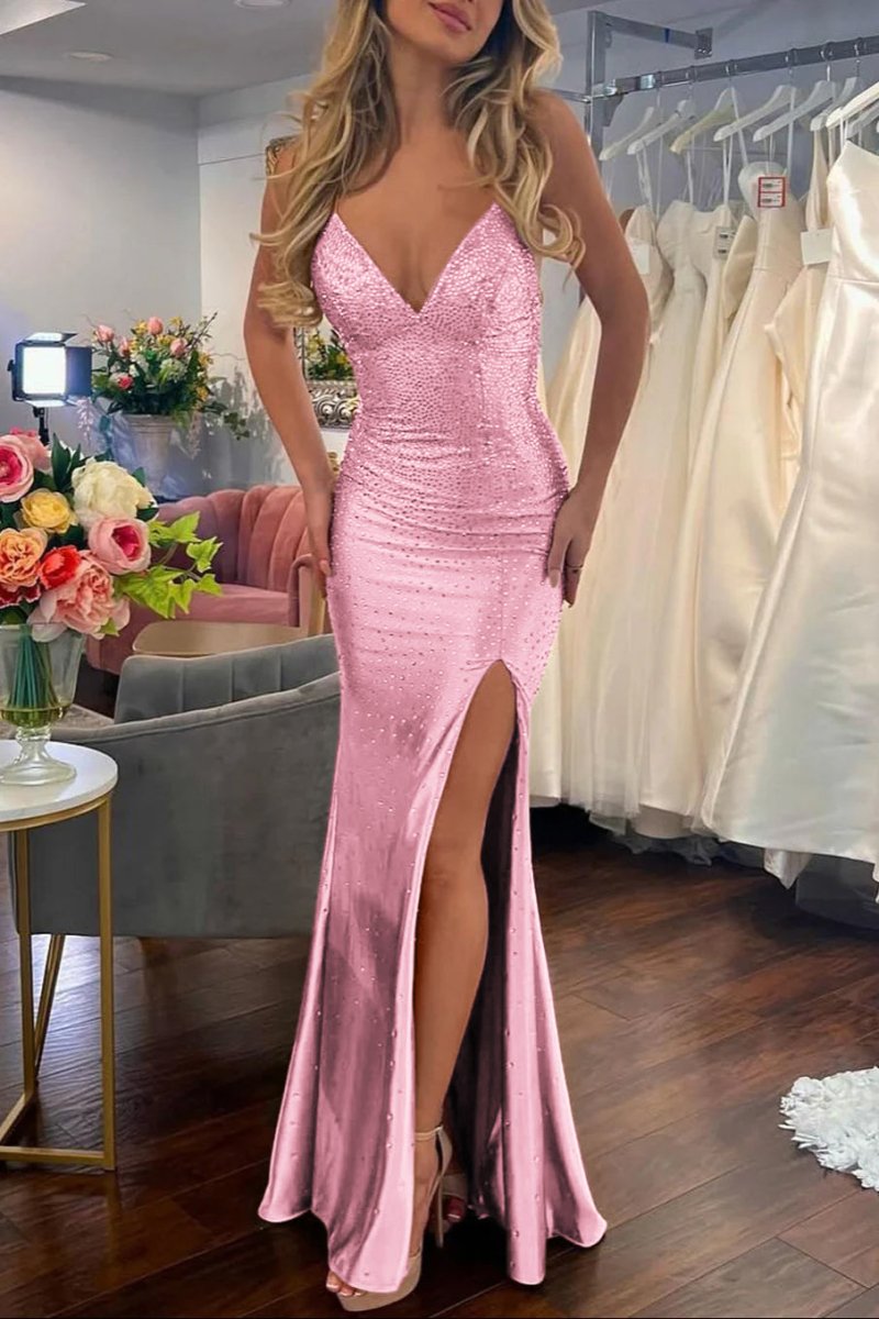 Jean | Sexy Mermaid V Neck Satin Slit Prom Dress with Hot Stone