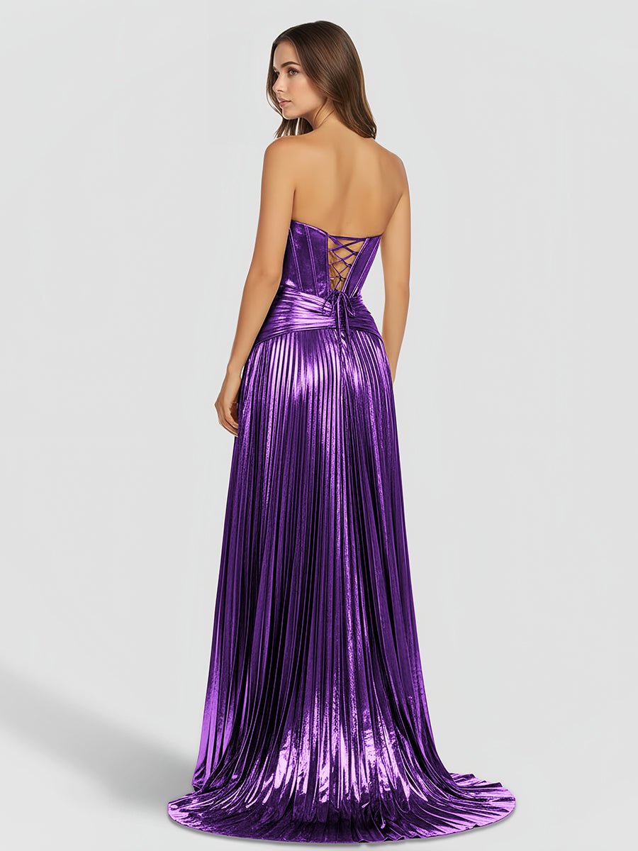 Sileas | Sweetheart Metallic Pleated Long Formal Dress With Slit