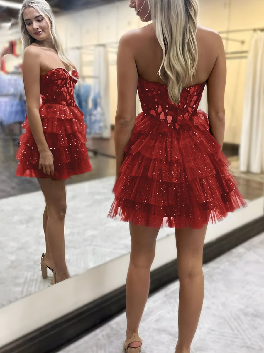 Sparkly Champagne Sweetheart A-Line Tulle Tiered Homecoming Dress