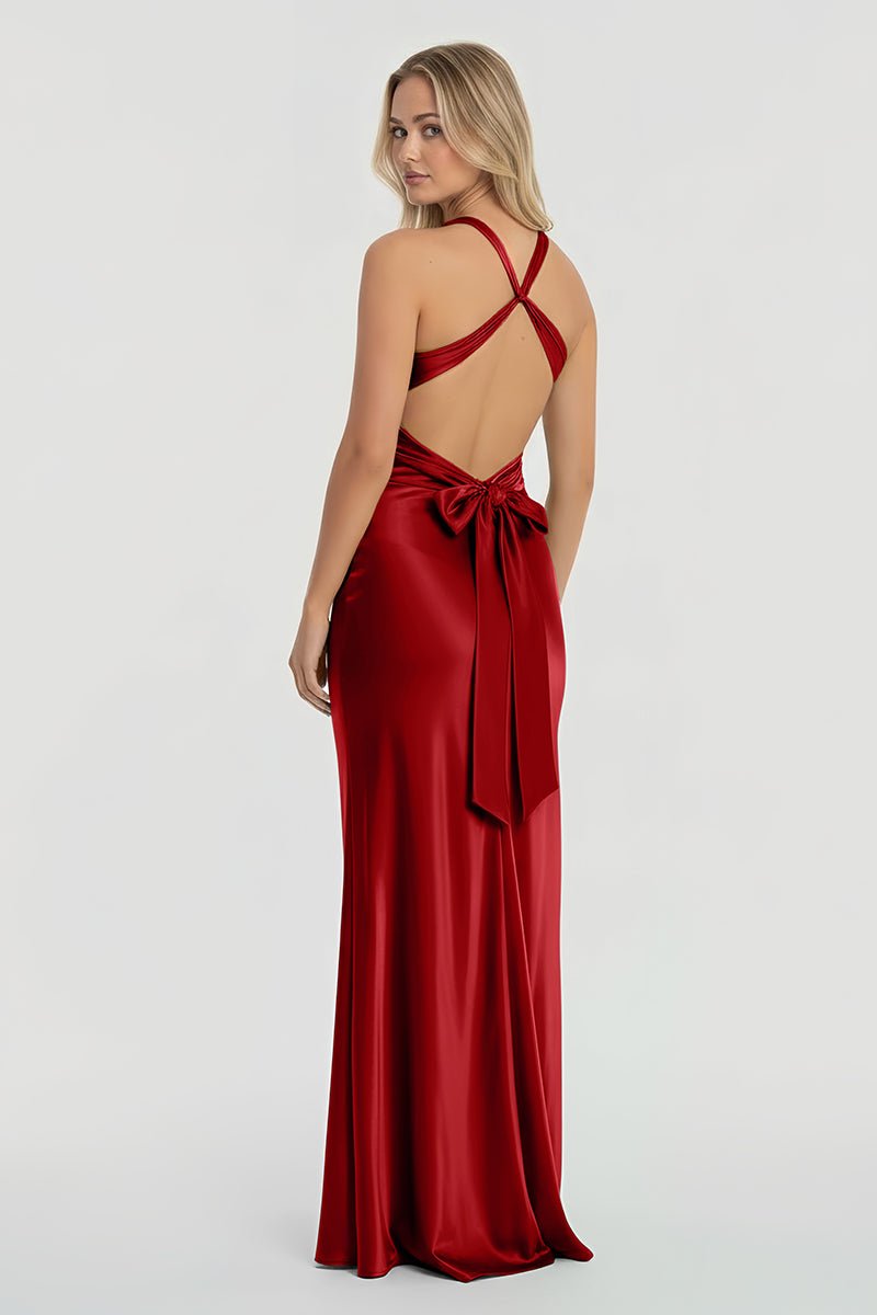 Steph | Turquoise - Halter V-Neck Pleated Satin Sleeveless Long Prom Party Dress