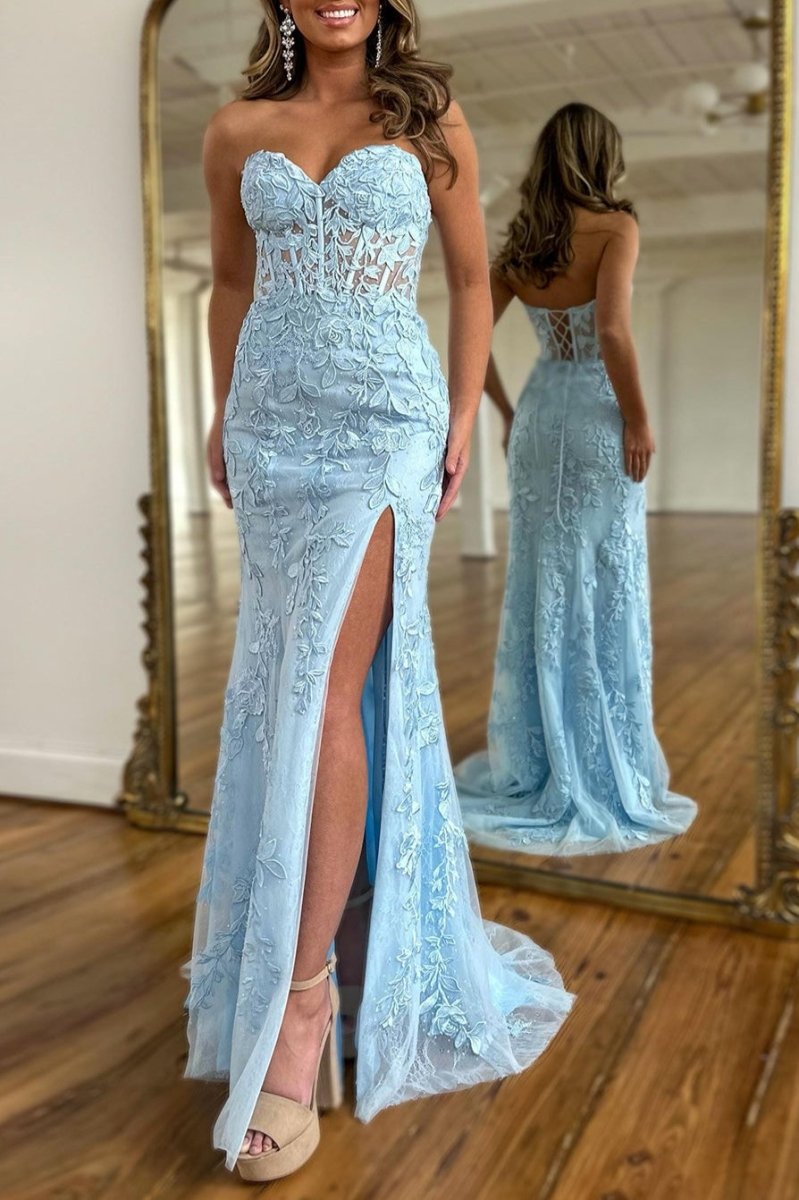 Nyomi |Mermaid Strapless Corset Lace Prom Dress with Slit
