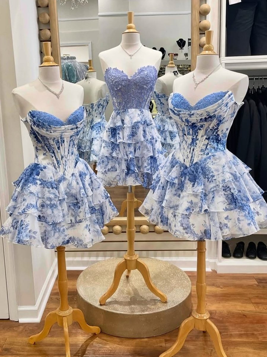 Gilda | Sky Blue - A Line Sweetheart Floral Chiffon Corset Ruffled Homecoming Dresses