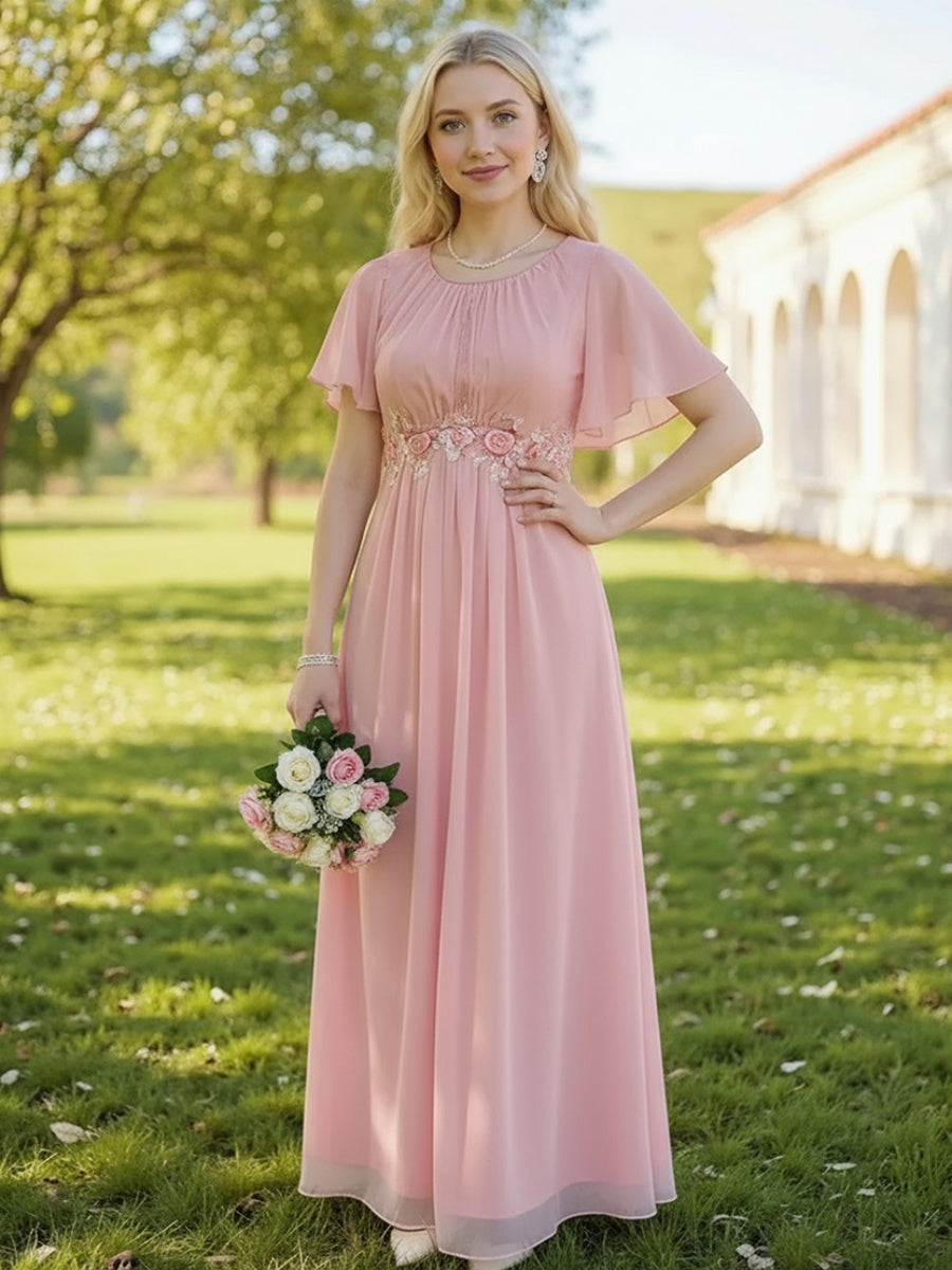 ASPYN|Pleated Applique Maxi Bridesmaid Dress