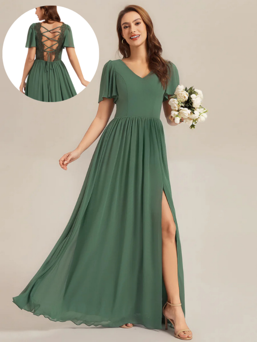 AMIRA|Tie-Up Chiffon Ruffle Sleeve Bridesmaid Dress