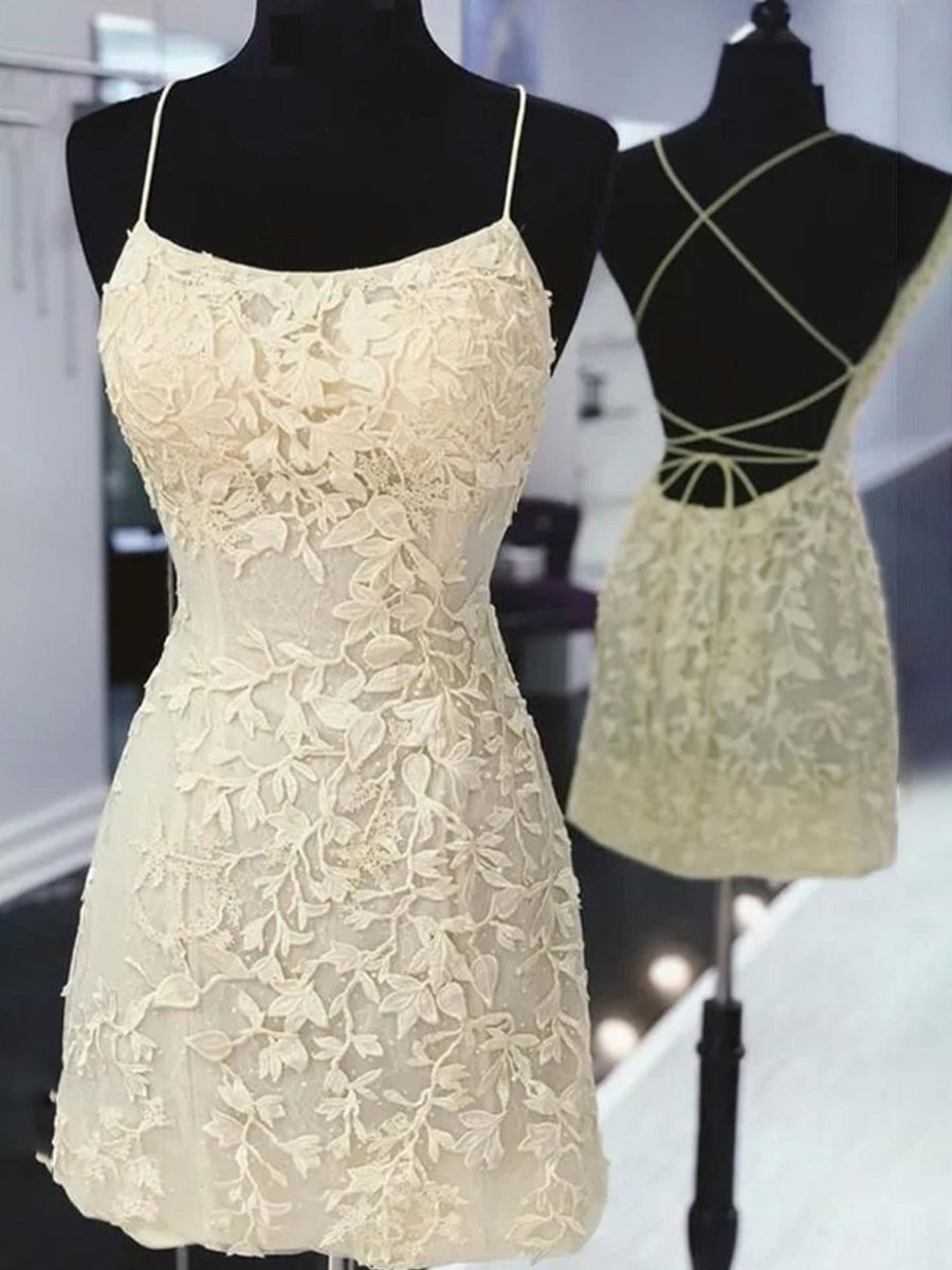 Amari |Sheath Spaghetti Straps Lace Short Homecoming & Cocktail Dresses