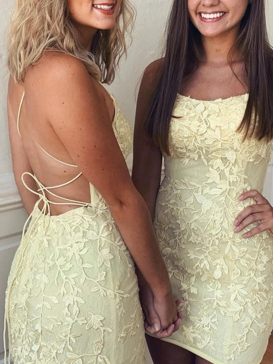 Amari |Sheath Spaghetti Straps Lace Short Homecoming & Cocktail Dresses