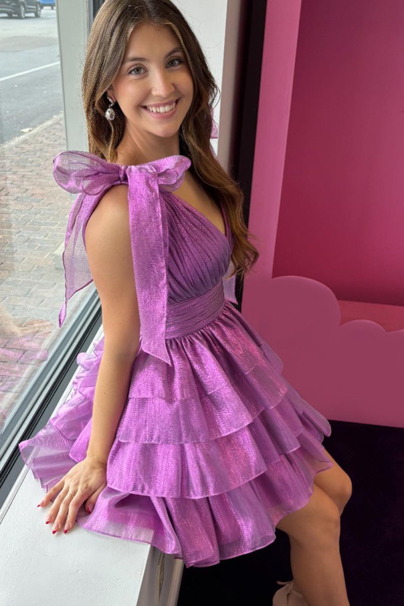 Joleen | Trendy A-Line Tiered Homecoming Dress with Bow