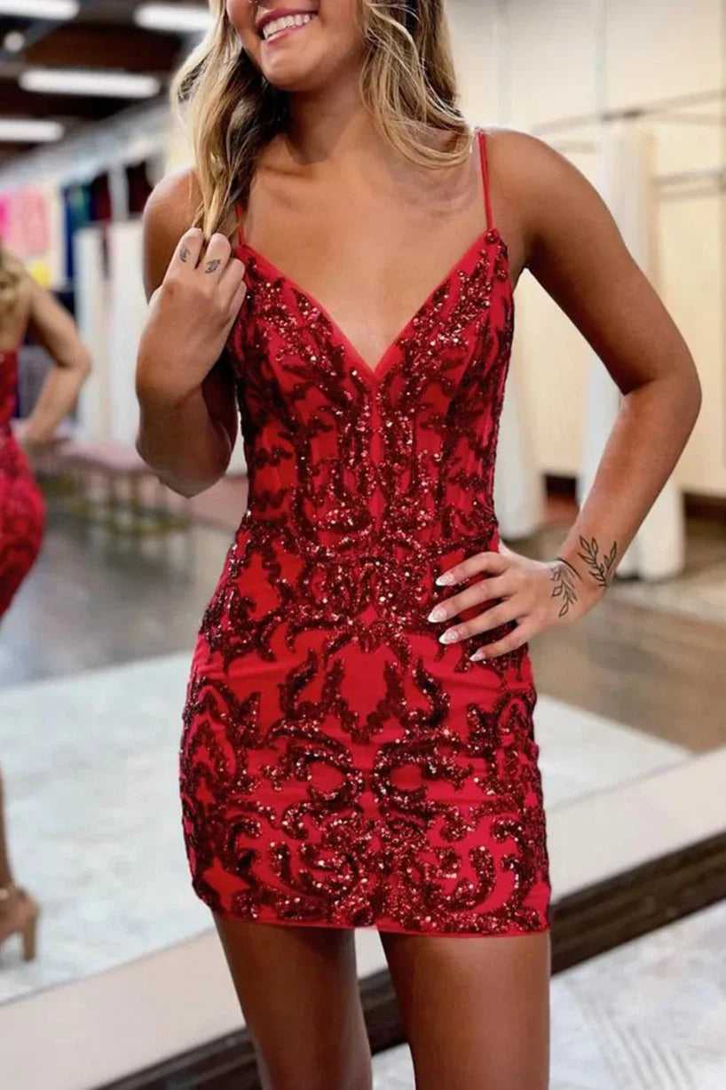 Arianna | Glitter Hot Pink Fitted V-Neck Spaghetti Straps Sequined Appliques Mini Party Dresses