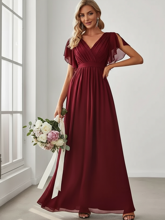 LEORA|Flowy Pleated A-Line Chiffon Tie-Waist Bridesmaid Dress