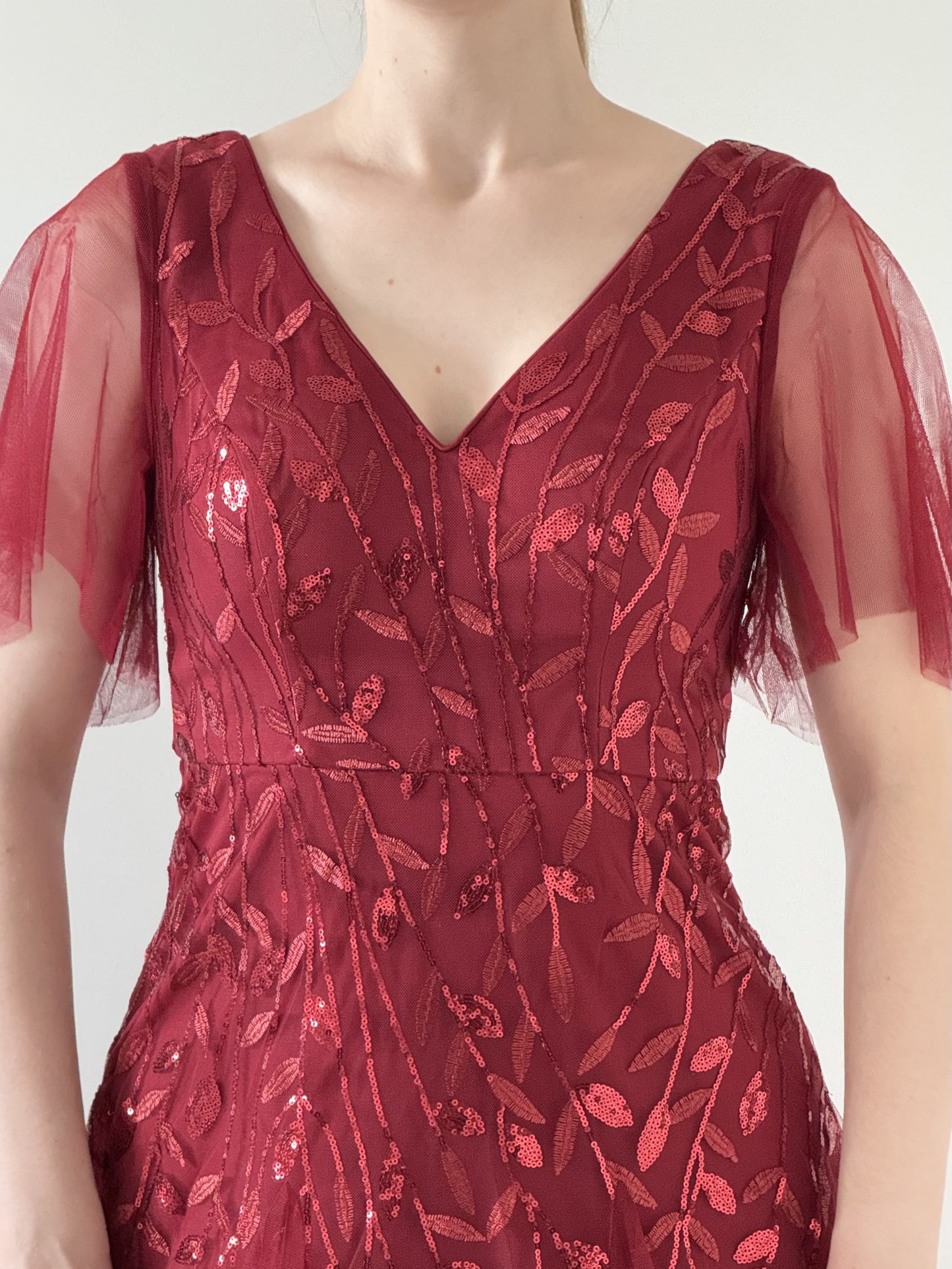 ASTRAL|Ruffle Sleeves Leaf Sequin Maxi Bridesmaid Dress