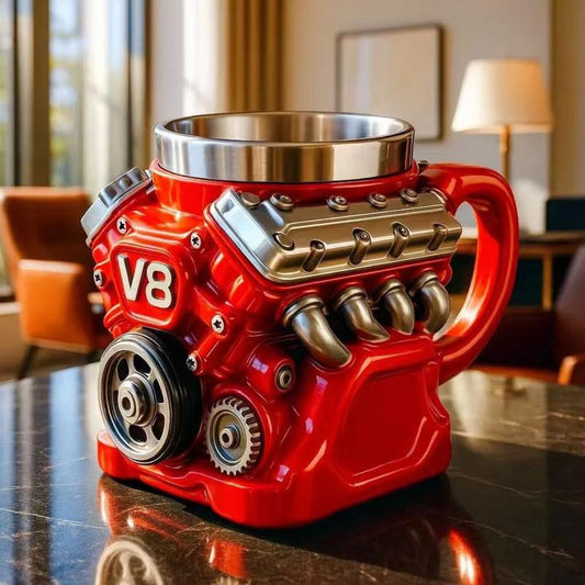 Engine-themed coffee mug, a retro-styled, realistic V8 engine stainless steel mug,