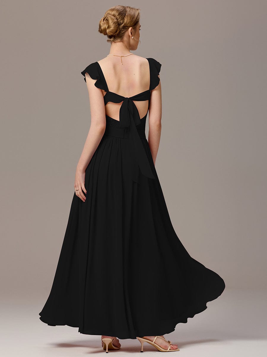 ELARA|Back-Tie Pleated Ruffles Sleeves Maxi Bridesmaid Dress