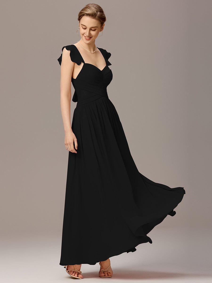 ELARA|Back-Tie Pleated Ruffles Sleeves Maxi Bridesmaid Dress