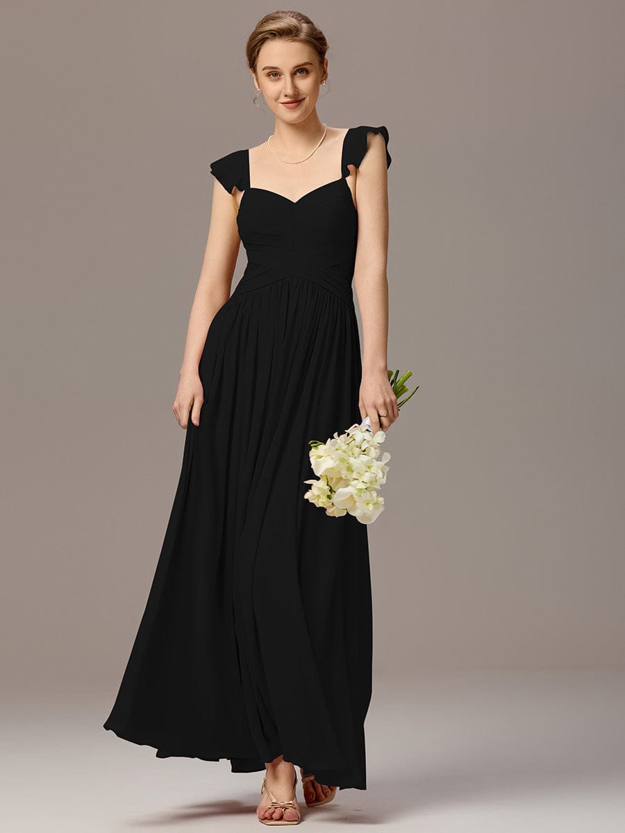 ELARA|Back-Tie Pleated Ruffles Sleeves Maxi Bridesmaid Dress