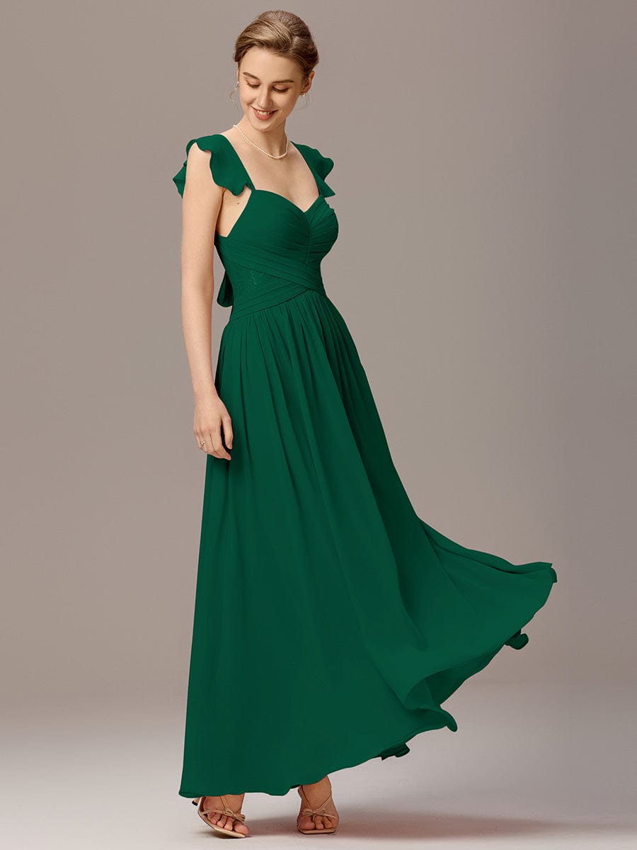 ELARA|Back-Tie Pleated Ruffles Sleeves Maxi Bridesmaid Dress