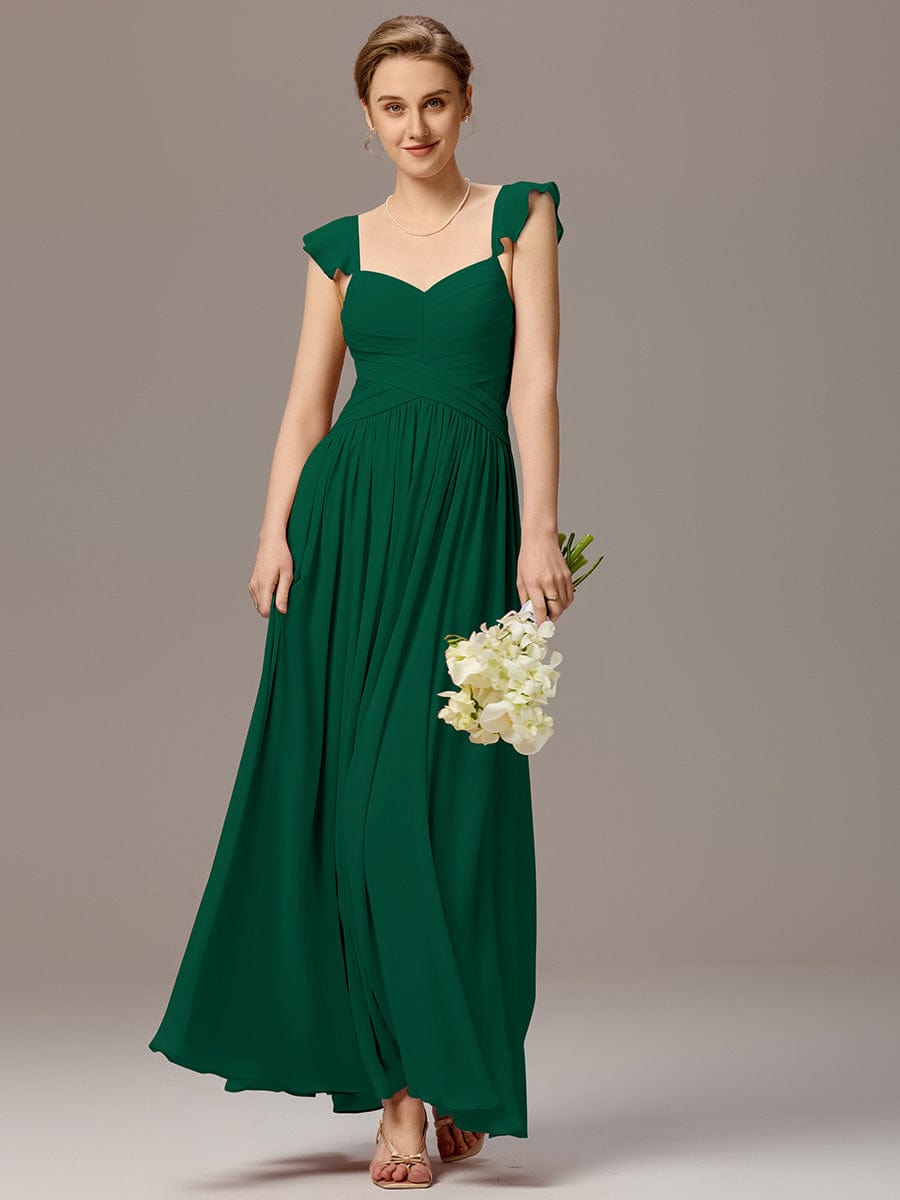 ELARA|Back-Tie Pleated Ruffles Sleeves Maxi Bridesmaid Dress