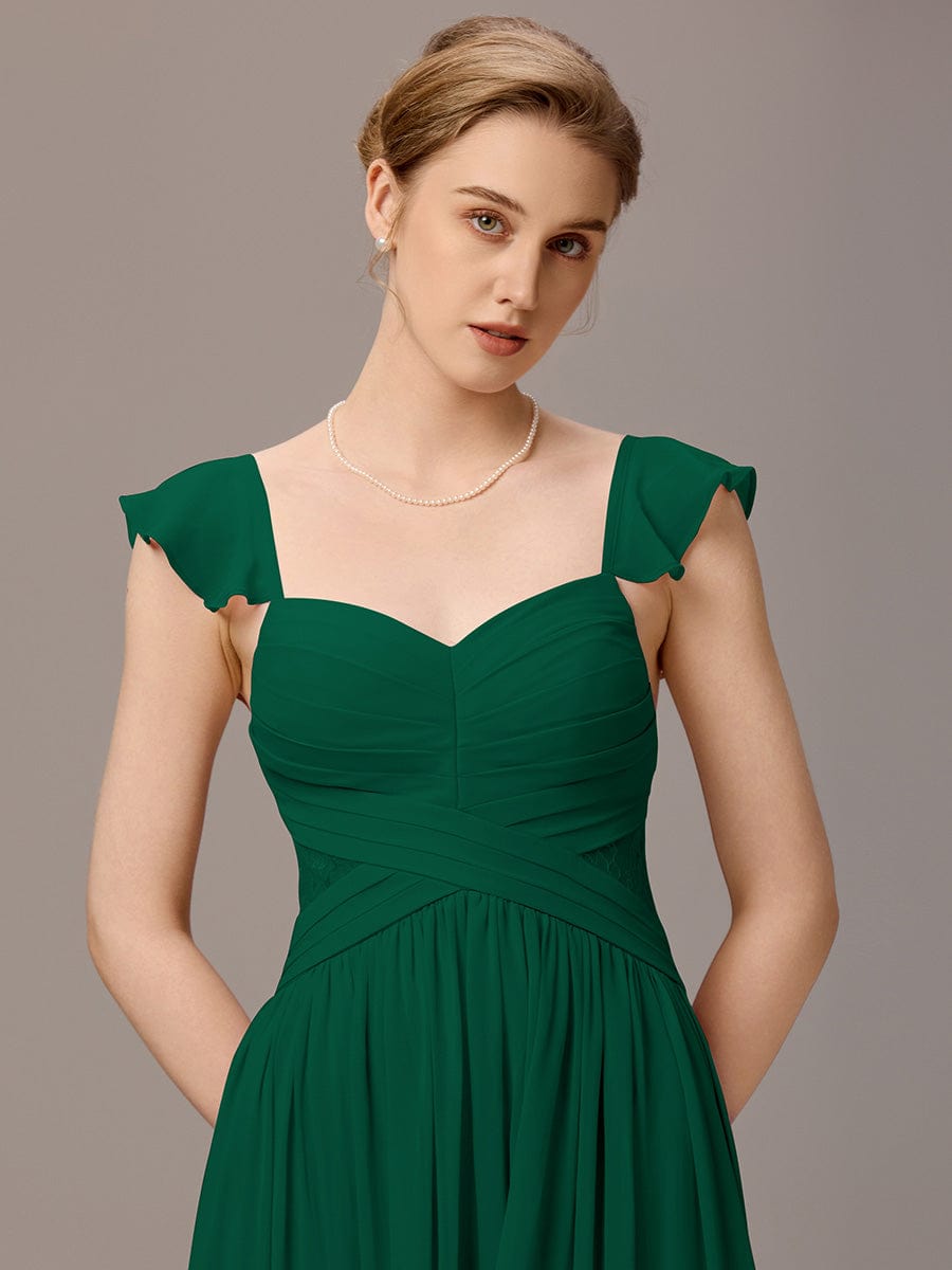 ELARA|Back-Tie Pleated Ruffles Sleeves Maxi Bridesmaid Dress