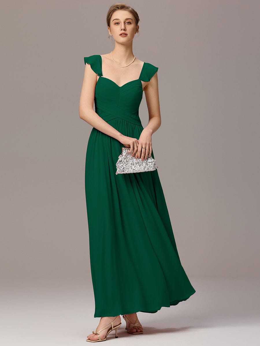 ELARA|Back-Tie Pleated Ruffles Sleeves Maxi Bridesmaid Dress