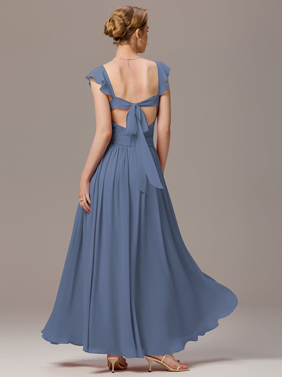 ELARA|Back-Tie Pleated Ruffles Sleeves Maxi Bridesmaid Dress