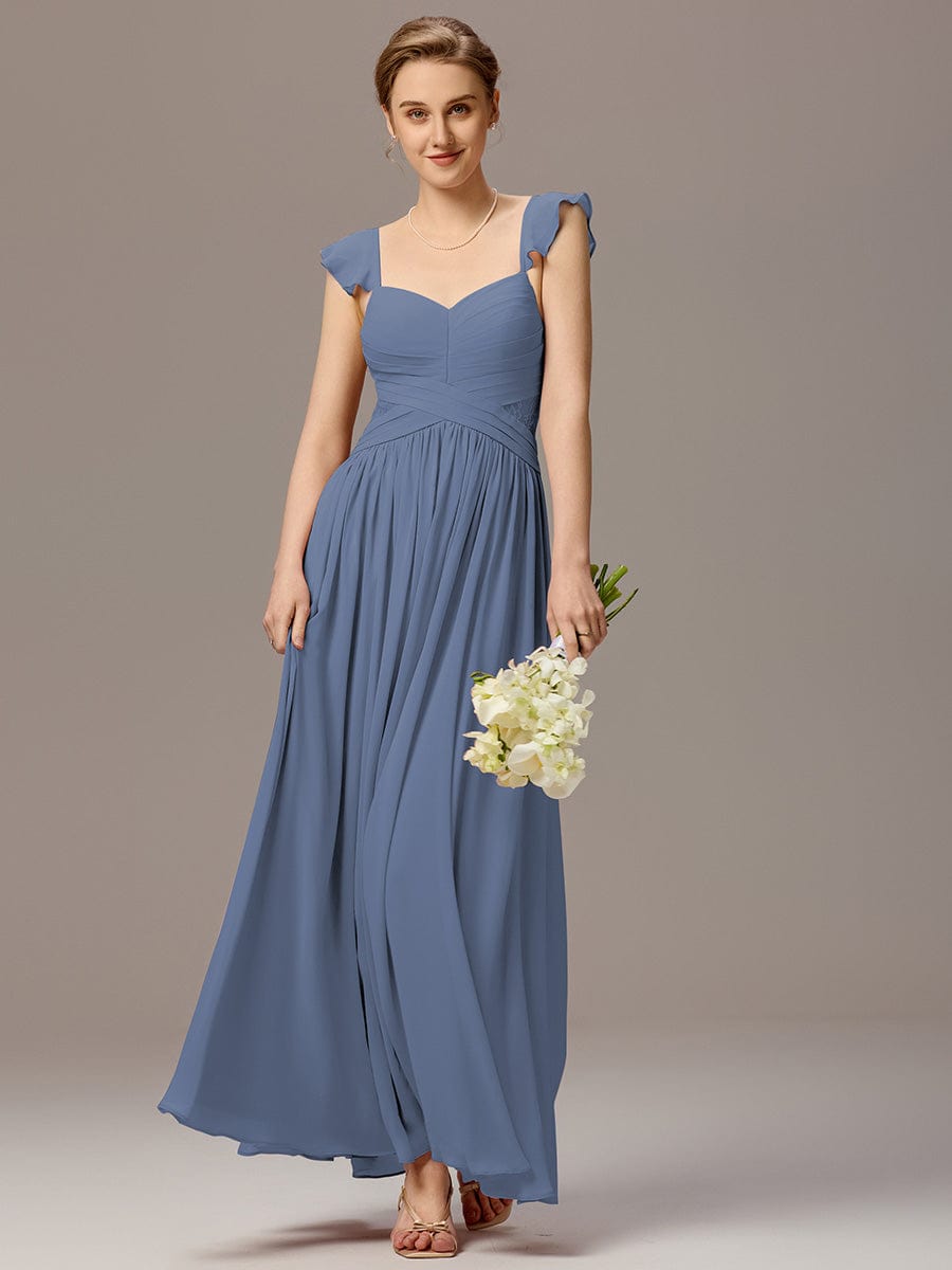 ELARA|Back-Tie Pleated Ruffles Sleeves Maxi Bridesmaid Dress