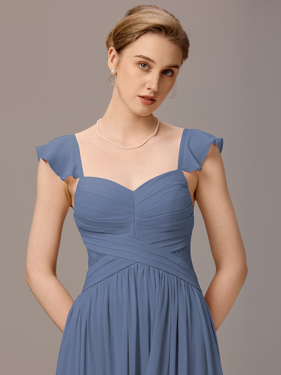 ELARA|Back-Tie Pleated Ruffles Sleeves Maxi Bridesmaid Dress