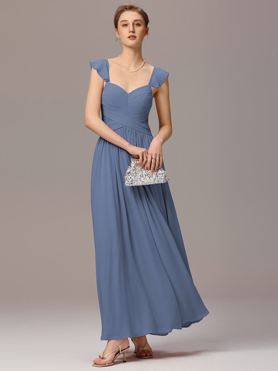 ELARA|Back-Tie Pleated Ruffles Sleeves Maxi Bridesmaid Dress