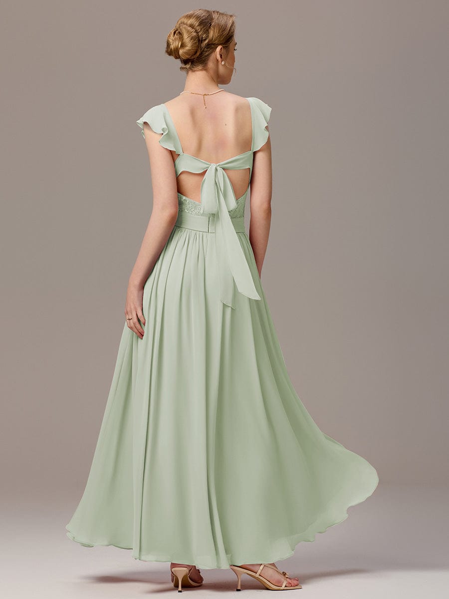 ELARA|Back-Tie Pleated Ruffles Sleeves Maxi Bridesmaid Dress