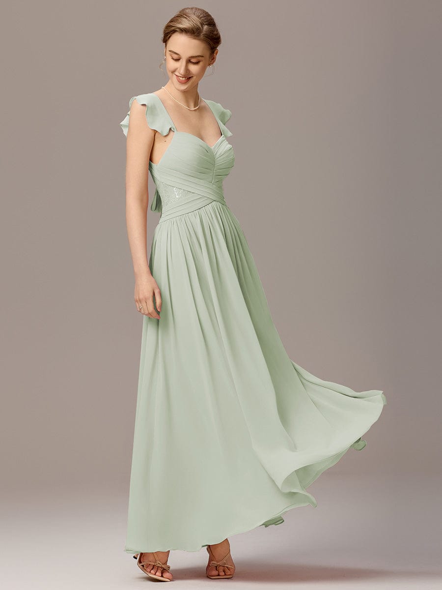 ELARA|Back-Tie Pleated Ruffles Sleeves Maxi Bridesmaid Dress
