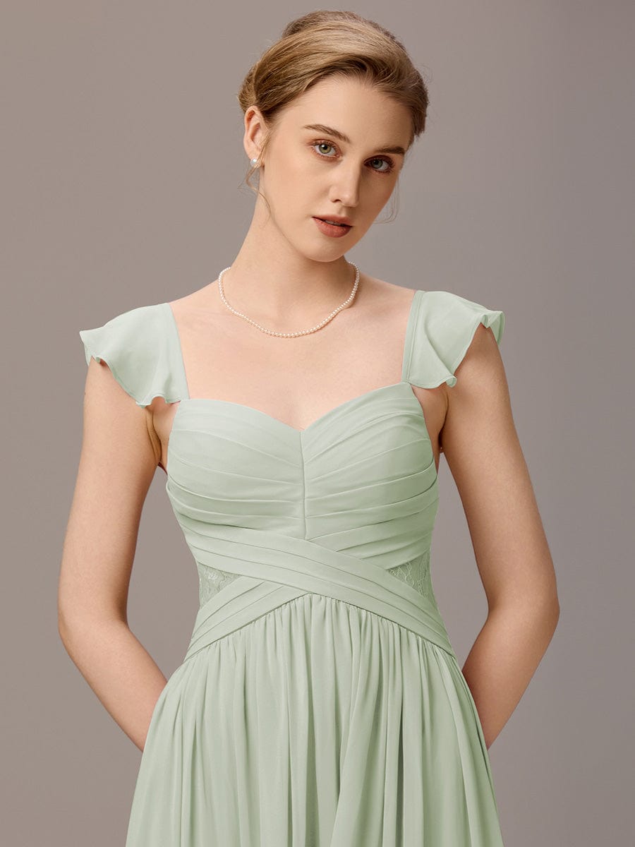 ELARA|Back-Tie Pleated Ruffles Sleeves Maxi Bridesmaid Dress
