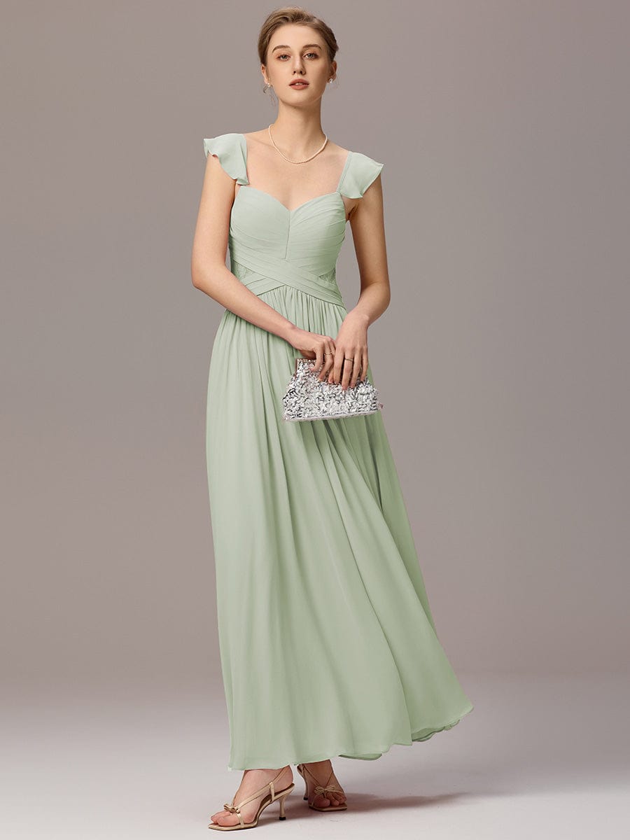 ELARA|Back-Tie Pleated Ruffles Sleeves Maxi Bridesmaid Dress