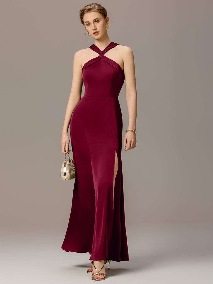 SELENE|Satin Cross Halter Sleeveless Maxi Bridesmaid Dress