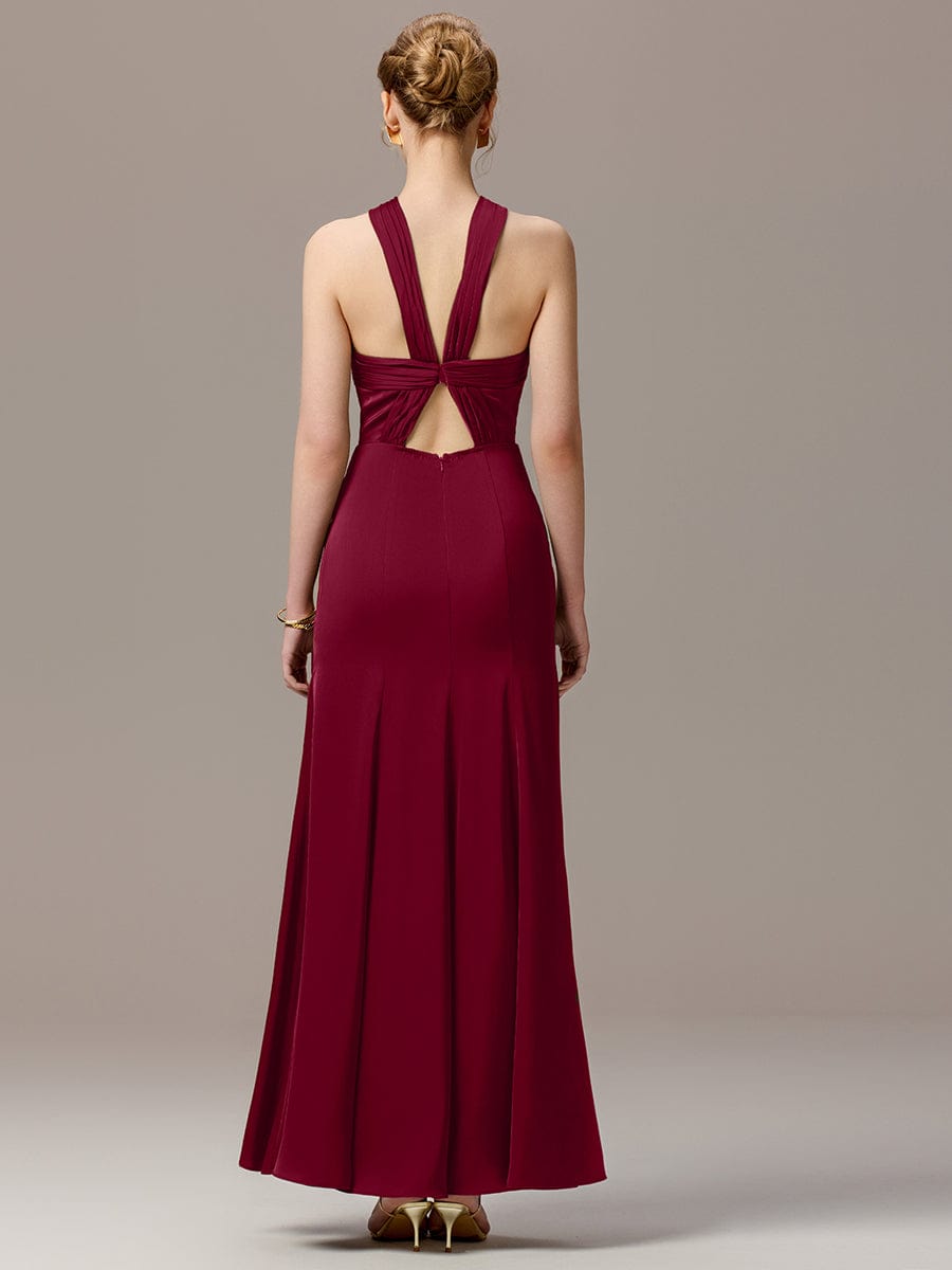 SELENE|Satin Cross Halter Sleeveless Maxi Bridesmaid Dress