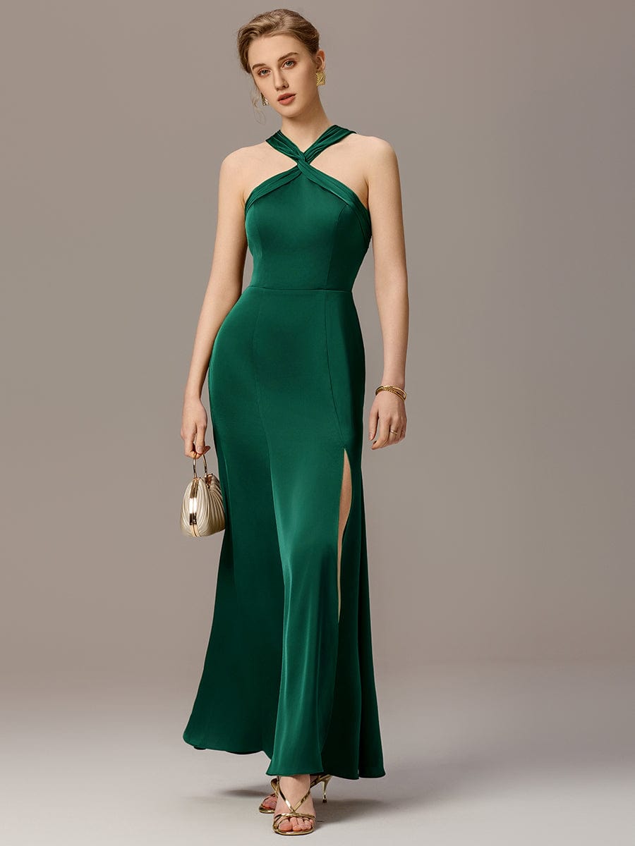 SELENE|Satin Cross Halter Sleeveless Maxi Bridesmaid Dress