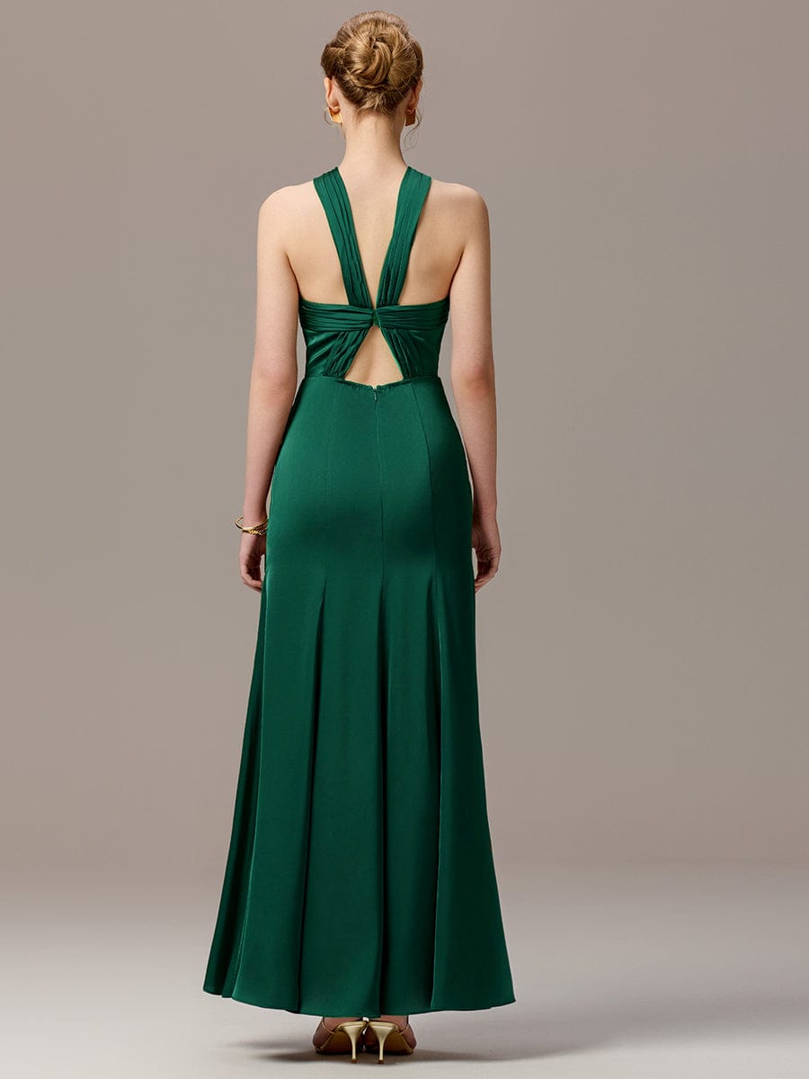 SELENE|Satin Cross Halter Sleeveless Maxi Bridesmaid Dress