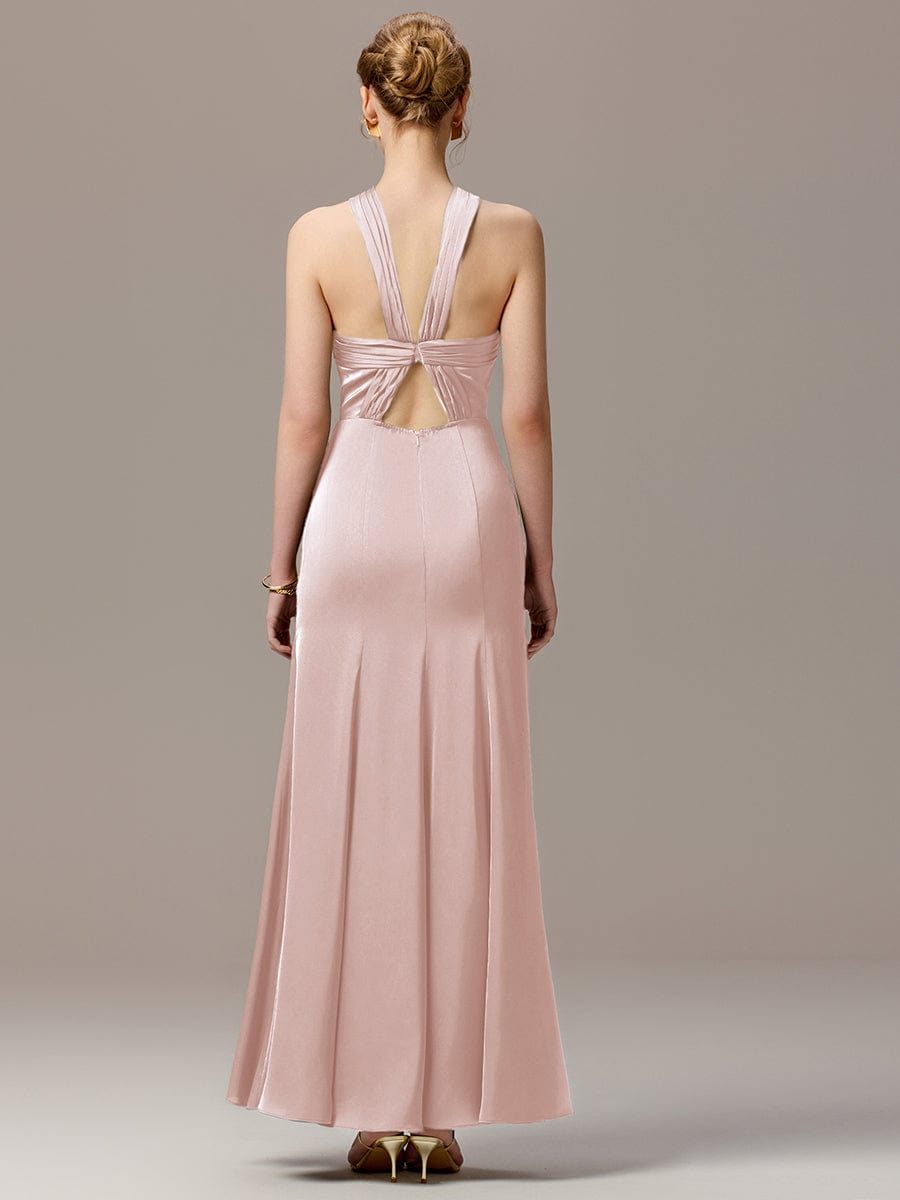 SELENE|Satin Cross Halter Sleeveless Maxi Bridesmaid Dress