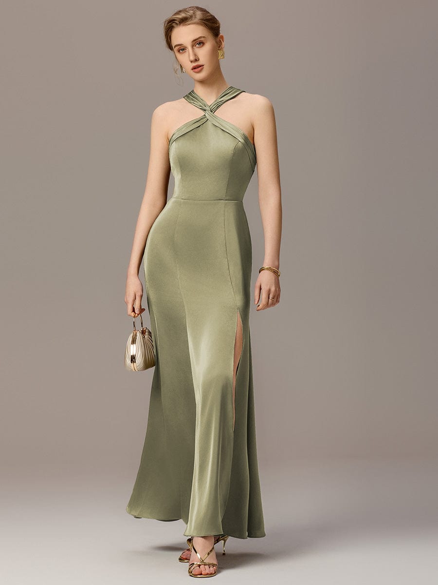 SELENE|Satin Cross Halter Sleeveless Maxi Bridesmaid Dress